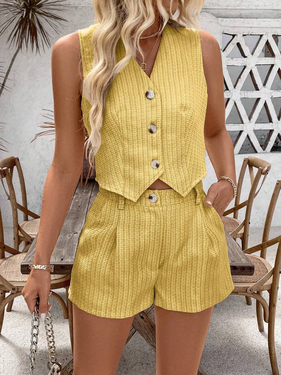 EMERY ROSE Women's Plaid Single-Breasted Vest And Shorts 2 Pieces Set,Yellow Summer Casual Vacation Two Piece Suits For Ladies - Yellow - View 1