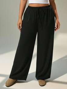 Auralis 大码女士休闲复古缎面长裤，百搭棕色，适合日常穿着、办公室、工作、聚会和约会。 - 黑色 - 查看 4