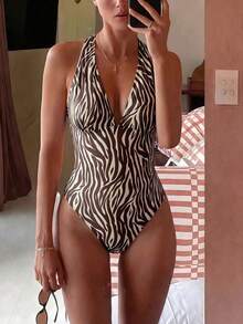 Swim Vcay 2026 Spring/Summer Random Brown & Yellow Striped Print Plunging V-Neck Fitted One-Piece Bikini Swimsuit - Multicolor - View 1