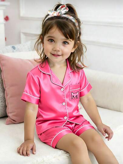 Set de 2 piezas de pijama de niña joven con blusa de manga corta y pantalón corto con bordado de gato en seda sintética rosa, cardigan con cuello para uso en casa