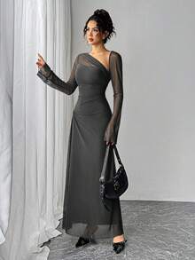 Women's Solid Color Ruched Waist Elegant Dress For Party And Occasion - Grey - View 5