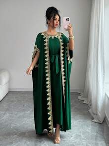 SHEIN Elenzya 女士无袖开襟金色蕾丝拼接袖口长款开衫和修身连衣裙两件套，优雅派对装扮 - 墨綠色 - 查看 3