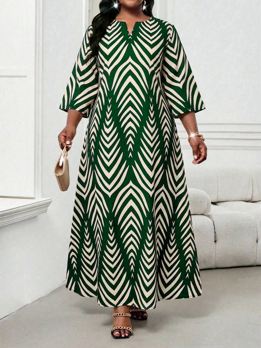 SHEIN Lady 大码时尚通勤全印花连衣裙 - 墨綠色 - 查看 1