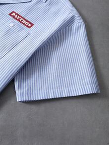 Manfinity Roghcode Áo sơ mi nam tay ngắn kẻ sọc xanh trắng đa năng, thích hợp mặc hàng ngày và đi làm vào mùa xuân/hè. - Màu xanh lam - Xem 5