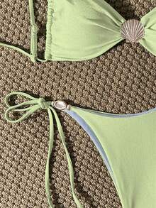 Swim Mod Solid Color Spaghetti Strap Wireless Shell Decor Top And Side Tie Swim Bottoms Women Summer Bikini Set Set - Mint Green - View 4