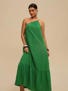 Travachic Plus Size Women Solid Color Sleeveless Ruffle Hem Dress For Vacation Beach Vacation Light Green Summer - Green - View 1