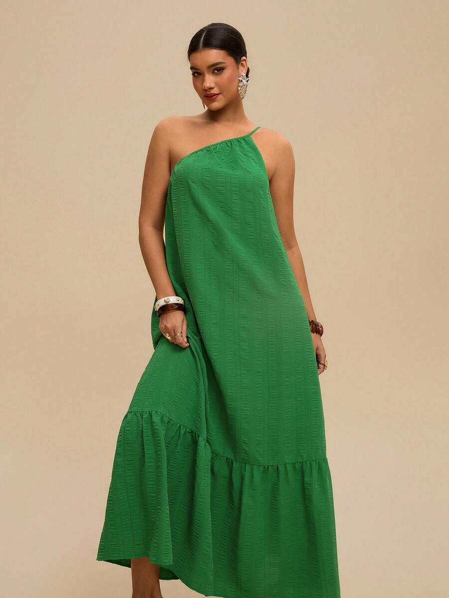 Travachic Plus Size Women Solid Color Sleeveless Ruffle Hem Dress For Vacation Beach Vacation Light Green Summer - Green - View 1