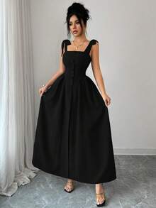 Elenzga 新款系带肩部纹理双色编织中长连衣裙，青春优雅百搭的办公服饰 - 黑色 - 查看 4