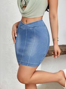 Flexra 女士不对称腰身休闲修身牛仔迷你裙 - 藍色 - 查看 5