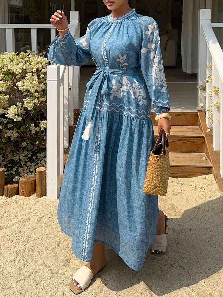 Dazy Plus Plus Size Women's Floral Print Tie-Waist Long Flare Sleeve Dress, Vacation Style, Spring/Summer Sundress Boho