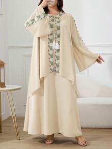 Al Najma 大码女式贴花装饰流苏系领长袖优雅阿拉伯风格连衣裙 - 杏色 - 查看 5