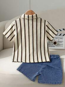 男童休闲短袖衬衫搭配破洞牛仔裤 - 杏色 - 查看 2