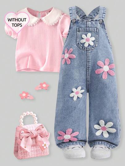 SHEIN Washed Denim Bib Pants For Baby Girls, Floral Print Loose Jumpsuit