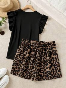 SHEIN LUNE Set de 2 piezas con top de volantes de unicolor elegante y shorts estampados, para verano - Multicolor - Ver 2