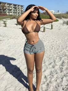 Alexandranx 女士休闲日常通勤棕蓝条纹打结腰带短裤，适合校园、日常出行、简约风格、圣诞节短裤、条纹短裤、感恩节女装、秋季女装、休闲女装 - 彩色 - 查看 4