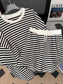 INAWLY Conjunto de 2 piezas de camiseta de rayas y shorts casuales para mujer, de verano - Multicolor - Ver 3