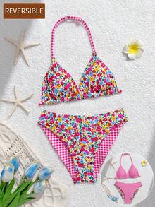 SHEIN Conjunto de traje de baño para niña preadolescente, con estampado floral diminuto y malla rosa reversible, adecuado para vacaciones en la playa, natación, fiesta en la piscina - Bikini de 2 piezas para niñas preadolescentes - Multicolor - Ver 4