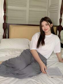 Dazy Plus Elastic Waist Loose Drawstring Straight Leg Sleepwear Bottoms, Plus Size Women Solid Color Pajamas - Dark Grey - View 6