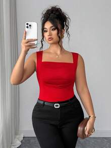 Elenzga Plus Size Summer Casual Solid Color Square Neck Knit Tank Top - Red - View 3