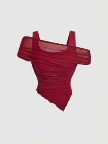 SHEIN MOD 不对称肩部 2 合 1 尖叫下摆女式 T 恤 - 酒紅色 - 查看 3