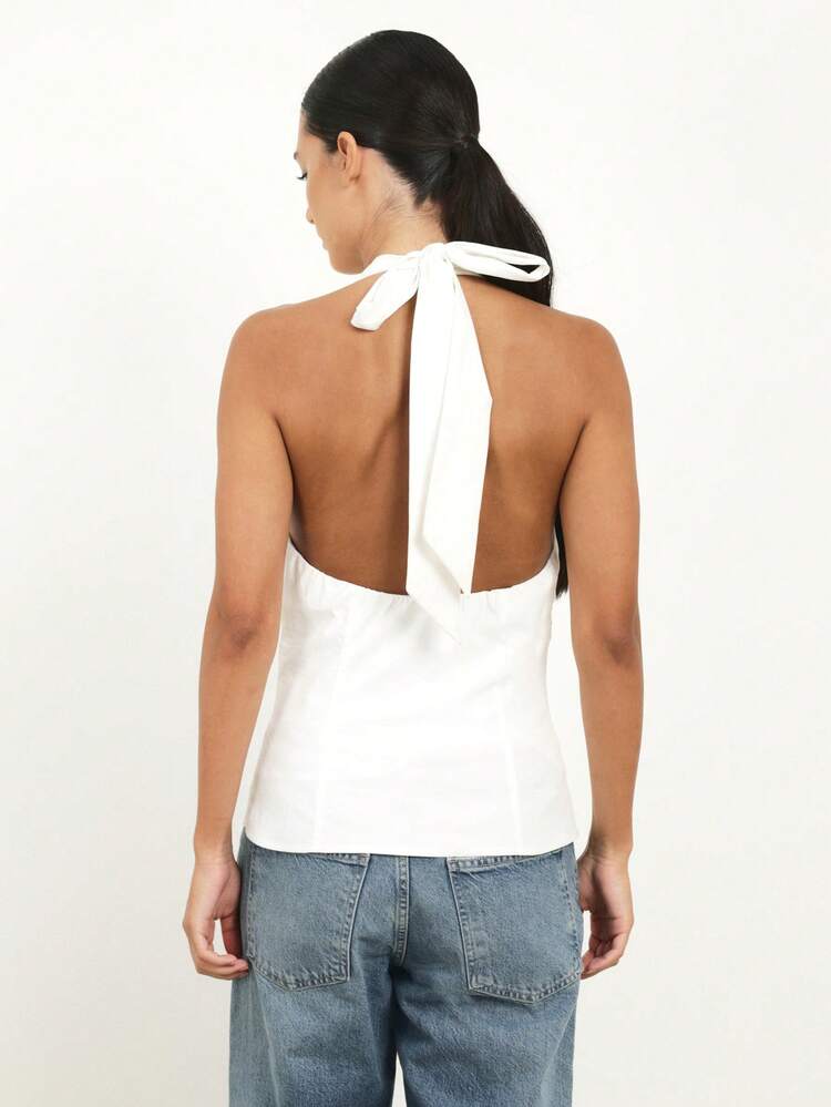 KSTM Women's White Halter Neck Vest Top With Deep V-Neckline And Bow Tie Back Detail Sleeveless Summer Top