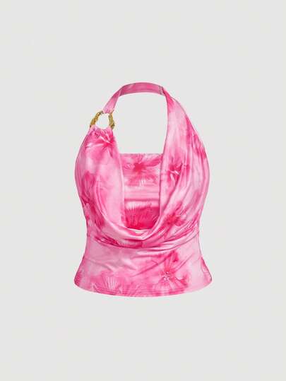SHEIN MOD Blusa sin mangas de corte holgado con estampado floral romántico para vacaciones, talla grande, color rosa
