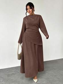 Firerie 大码春夏秋冬四季新款优雅休闲通勤办公套装：长袖不对称褶皱腰身修身衬衫 + 常规A字裙摆半身两件套 - 摩卡棕 - 查看 8