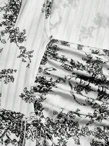 Sweetra 大码钻石方领可折叠长袖罗纹印花连体衣 - 黑與白 - 查看 5