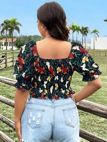 Sweetra Áo kiểu Pháp cổ vuông, tay áo cánh hoa phối ren tương phản, thắt eo điều chỉnh được, dành cho phụ nữ cỡ lớn. - Nhiều màu - Xem 2