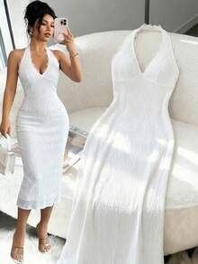 Elenzga Women's Elegant V-Neck Halter Textured Knit Splice Lace Trim Bodycon Fishtail Dress For Vacation Resort Wear Women Vacation Dress Regular Size Women Dress Formal White Dresses For Ladies Special Occasion White Outfits For Women Elegant Party New Arrival Women Dress - White - View 1