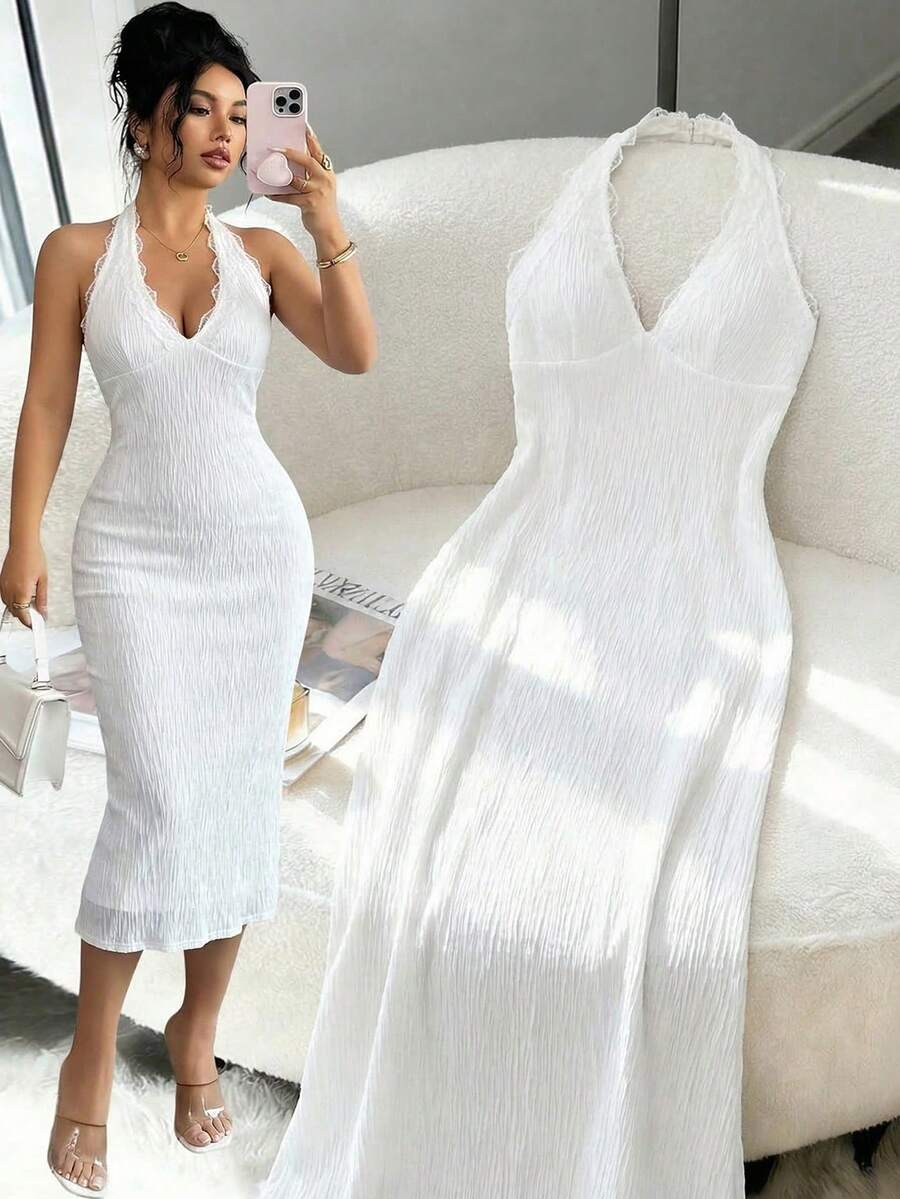 Elenzga Women's Elegant V-Neck Halter Textured Knit Splice Lace Trim Bodycon Fishtail Dress For Vacation Resort Wear Women Vacation Dress Regular Size Women Dress Formal White Dresses For Ladies Special Occasion White Outfits For Women Elegant Party New Arrival Women Dress - White - View 1