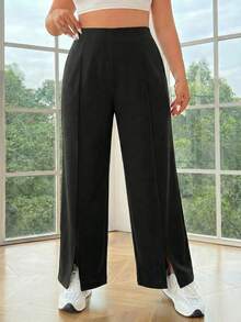 SHEIN EZwear Quần ống đứng xẻ tà màu trơn dành cho nữ cỡ lớn, quần ống đứng dáng suông màu đen, quần ống rộng công sở cạp cao, quần ống rộng nữ, quần ống rộng dự tiệc. - màu đen - Xem 3