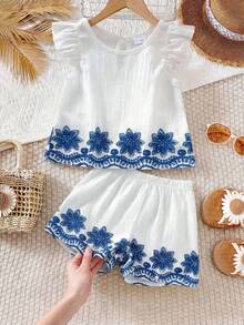 SHEIN 2pcs/Set Infant Toddler Unisex 0-3Y Casual Embroidery & Printed Pattern Shirt, Countryside Style Spring/Summer Baby Girls Outfit - Multicolor - View 8