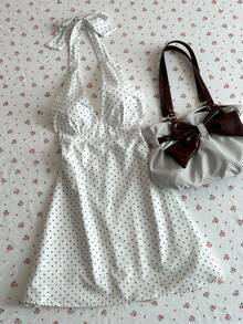 Glimmora Vestido sexy de mujer con cuello en pico y estampado de lunares - Blanco - Ver 1