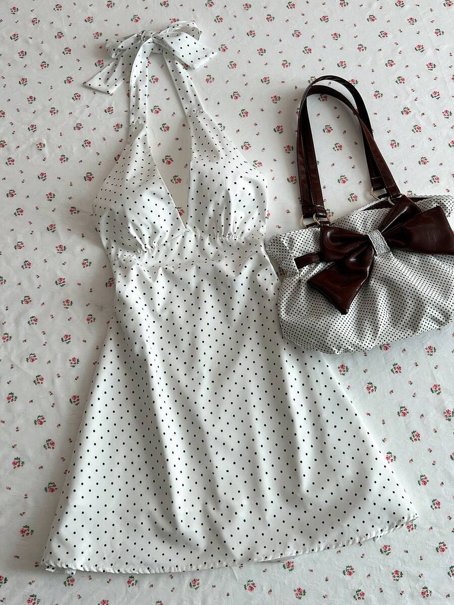 Glimmora Vestido sexy de mujer con cuello en pico y estampado de lunares - Blanco - Ver 1