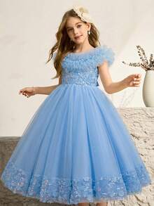 Glamorique Kids Tween Girl Tulle Applique Ruffle Elegant Party Dress - Blue - View 1