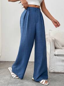 SHEIN PETITE Women's Elegant Vacation French Style Linen-Look Blue Pants, Suitable For Commuting - Blue - View 3