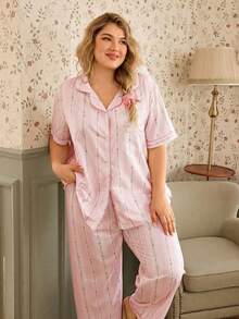 SHEIN 加大码荷叶边碎花领短袖睡衣套装 - 粉色 - 查看 6