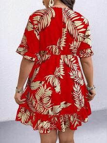 Plus Size Casual Vacation Floral Print Ruffle Hem Dress - Red - View 2