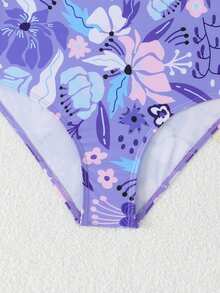SHEIN 新款女童连体泳衣，紫色花卉图案面料，修身剪裁，凸显身材，风格独特。简约都市风，适合女孩度假、海滩、游泳、水上乐园、冲浪、沙滩派对等场合。 - 紫色 - 查看 6