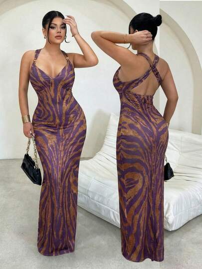 SHEIN SXY Vestido sin mangas ajustado con estampado de cebra y espalda descubierta con cruce de tirantes para mujer de talla grande