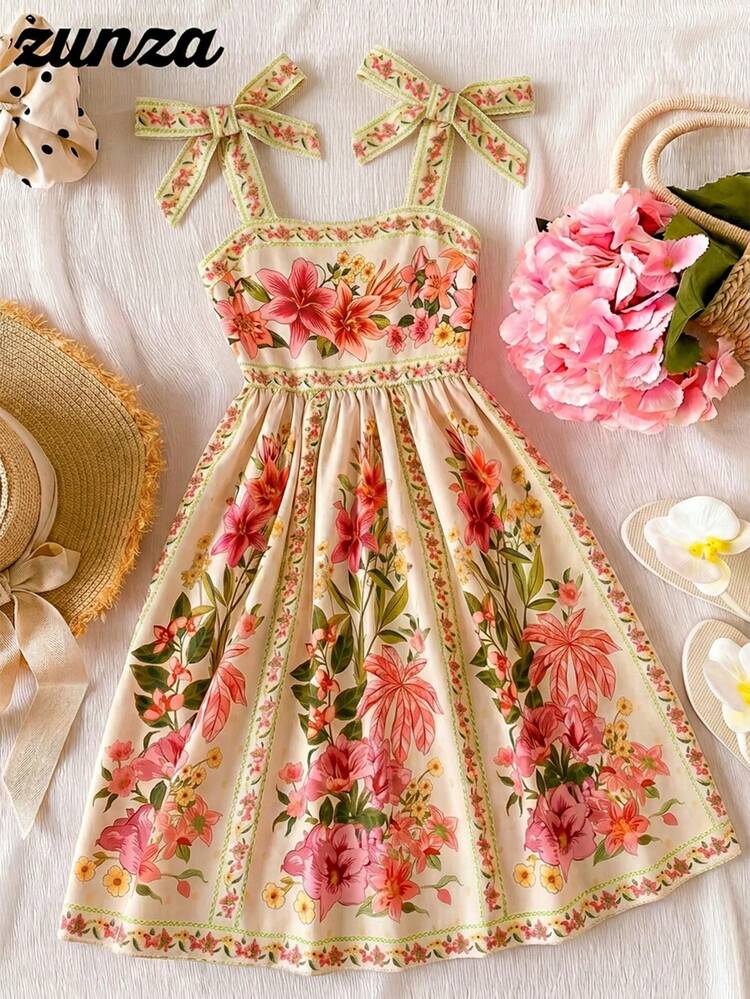 SHEIN Sparklyn Summer Tween Girl Floral Print Strap Dress, Elegant Vacation Dress With Ruffle Hem And Bow Shoulder Straps, A-Line Silhouette, Suitable For Outings, Vacation, And School, Spring/Summer Bohemian Dress - Multicolor - View 6