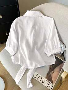 Resyla New Casual Retro Women Lapel Short Sleeve Tie-Up Sun Protection Shirt - White - View 2