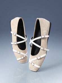 CUCCOO GRLICON Women's Flat Shoes, Square Toe Contrast Color Buckle Design Casual Flat Shoes, Motorcycle Style Outfit For Cool Girls, Suitable For Spring/Summer, Vacation, Travel, 2000s Style - skin tone - View 3