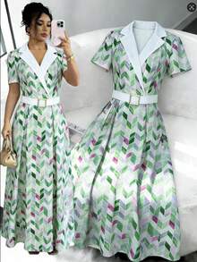 SHEIN Elenzya Elegant Romantic Tailored Collar Waist Splicing A-Line Dress, Suitable For Resort & Countryside - Multicolor - View 1