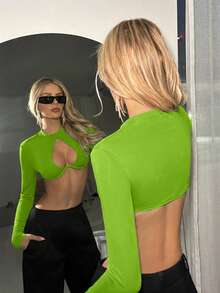 SHEIN ICON Y2K性感镂空爱心露脐街头风上衣 - 綠色 - 查看 2