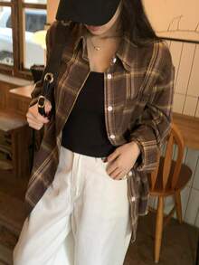 DAZY 女士格子印花纽扣长袖休闲衬衫 - 棕色 - 查看 2