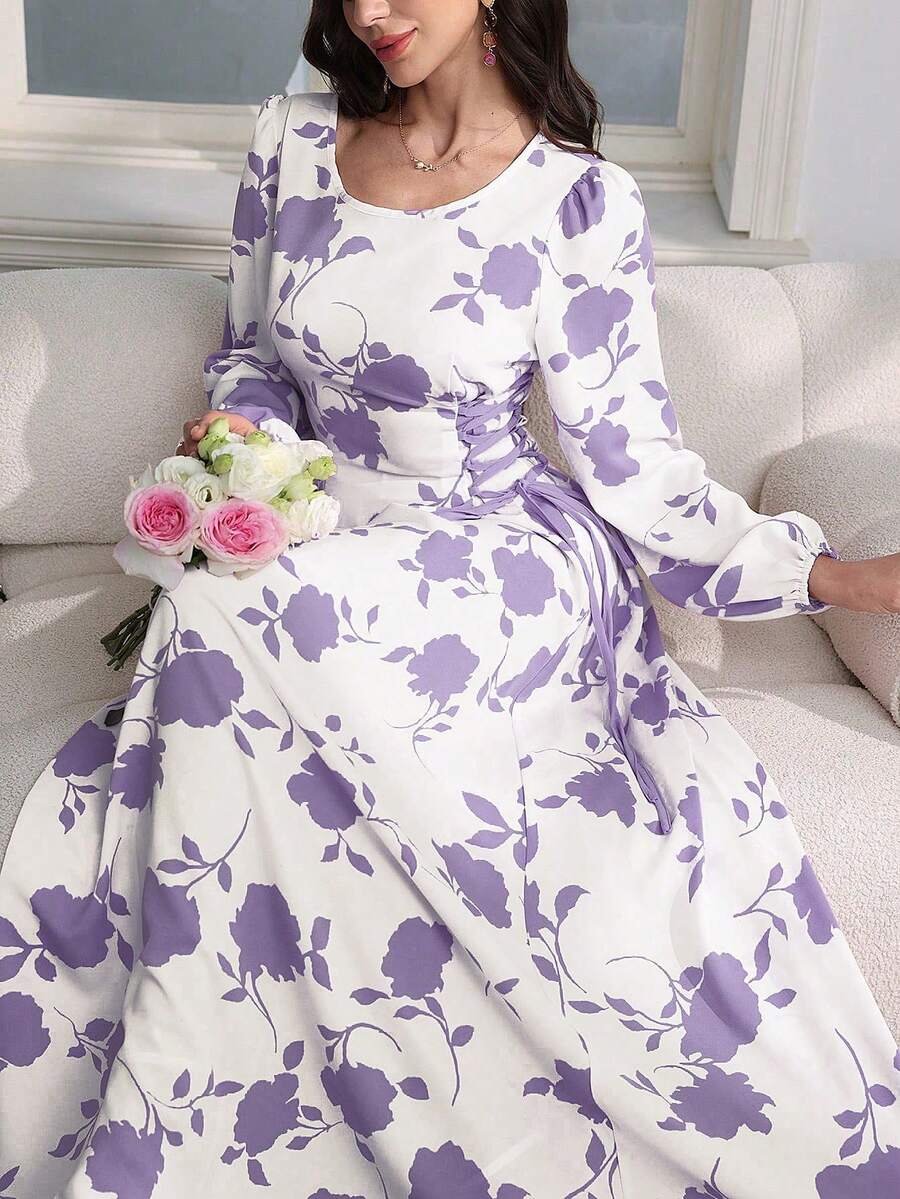 Al Najma Round Neck Lantern Sleeve Side Drawstring Dual-Color Print Dress - Purple - View 1