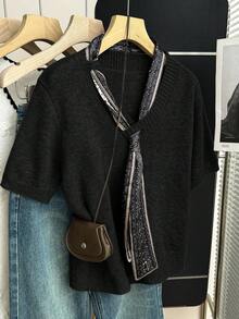 Franclia Summer Black Elegant Smart Office Knit Blouse,Vintage V-Neck Short Sleeve Loose Casual Top,Layered Design Asymmetric Tie-Up Chic Korean Style Business - Black - View 3