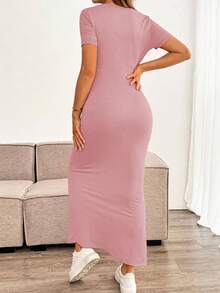 SHEIN 孕妇纯色圆领短袖侧开衩连衣裙 - 粉色 - 查看 2
